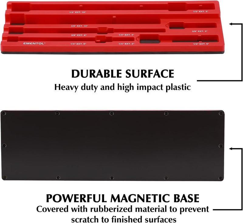 EMENTOL 9PCS Magnetic Extension Bar Holder, Red, 1/4", 3/8" and 1/2" Drive, Magnetic Ext. bars Organizer - Image 3